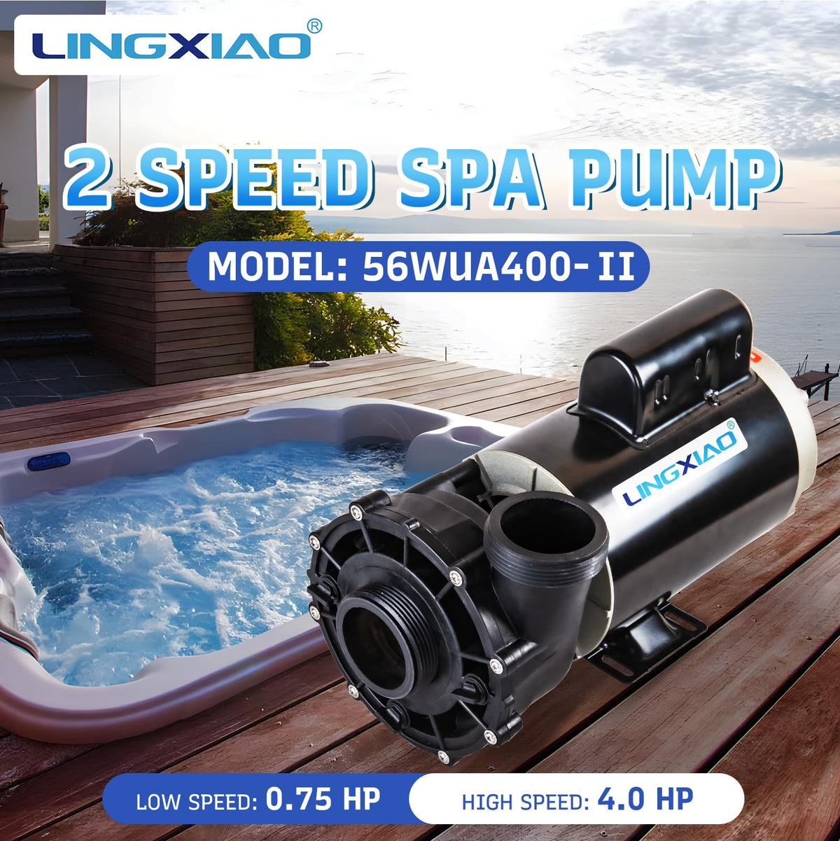 LINGXIAO 56WUA400-II side ports show 2-inch plumbing compatibility for quick installs