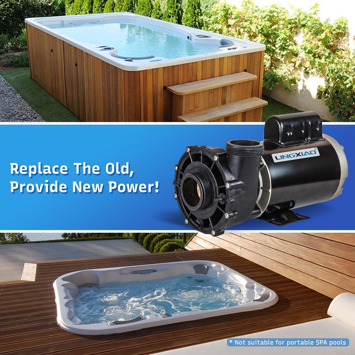 LINGXIAO spa pump installed in a hot tub shows quiet operation