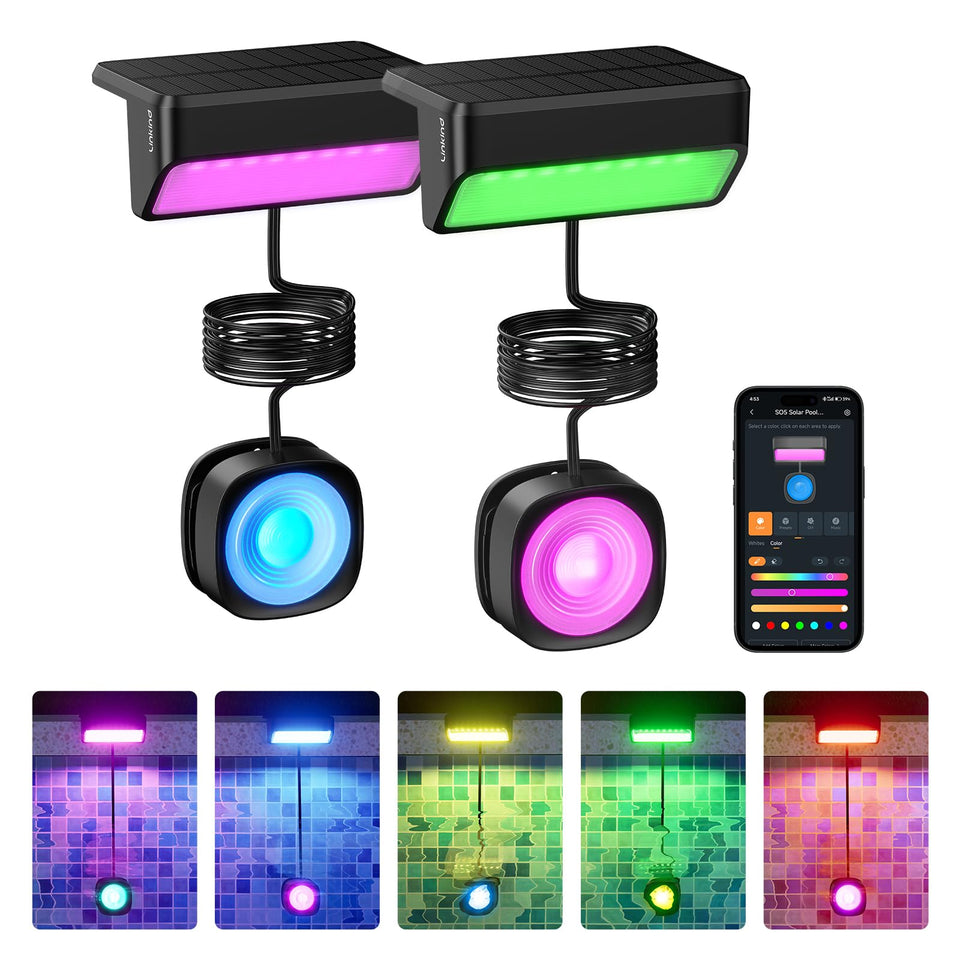 Linkind AI Dotis pool light with color wheel creates vibrant evening ambience for pools.