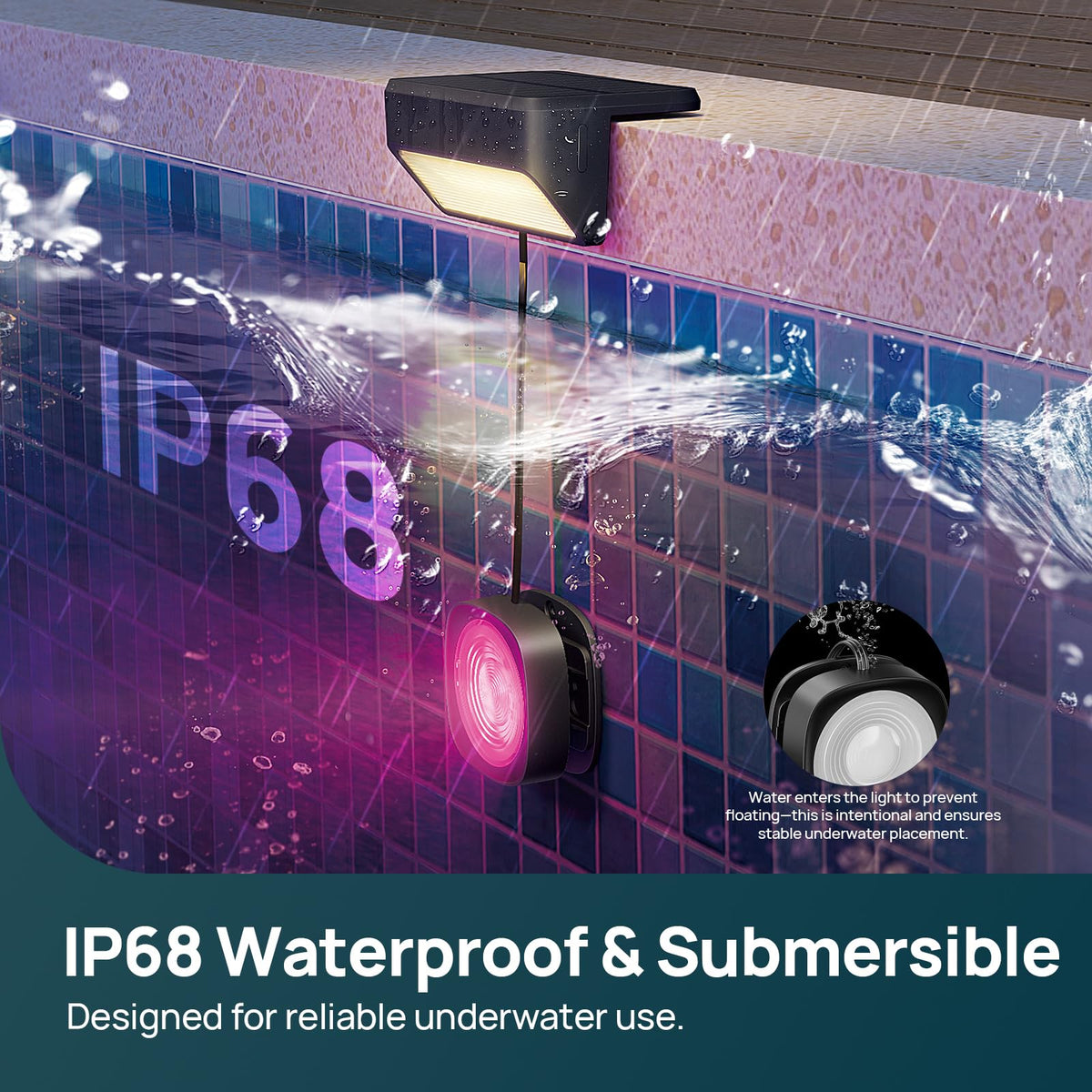 Linkind solar-powered pool light in IP68 housing withstands rain, splashes, and sun.
