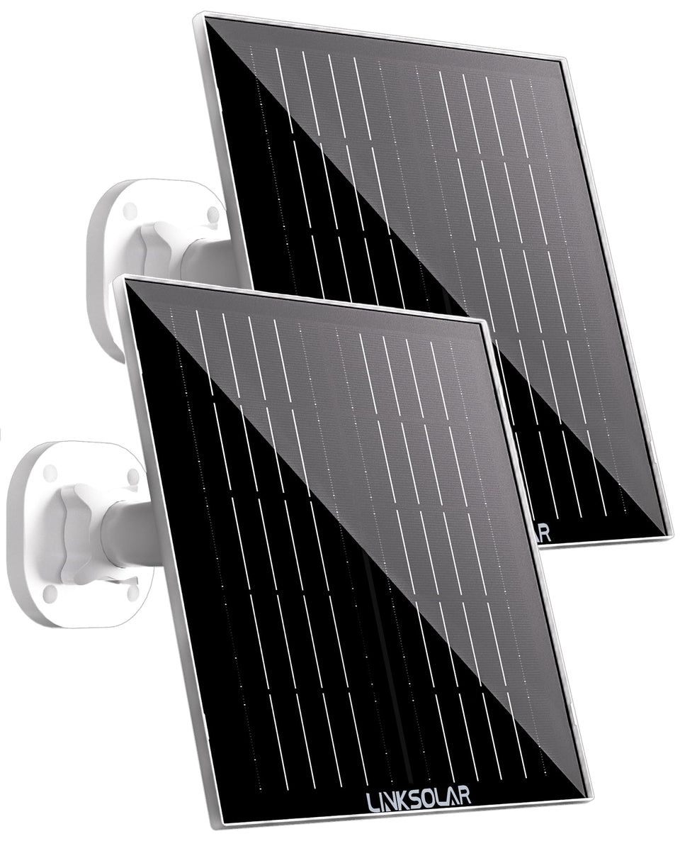 LinkSolar Dual 5W solar panel front view powers outdoor cameras efficiently.