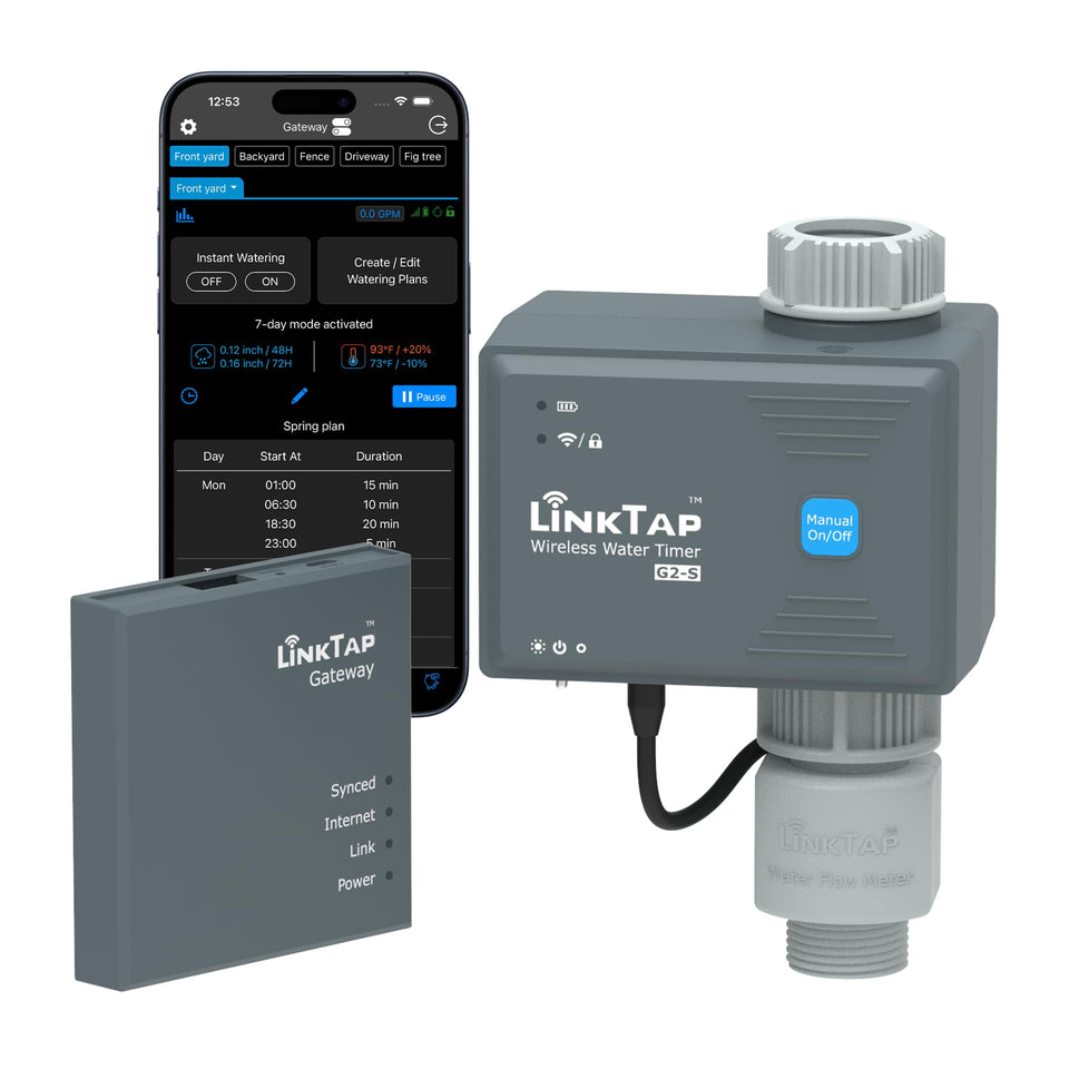 LinkTap G2S timer front view enabling weather-adaptive irrigation efficiency