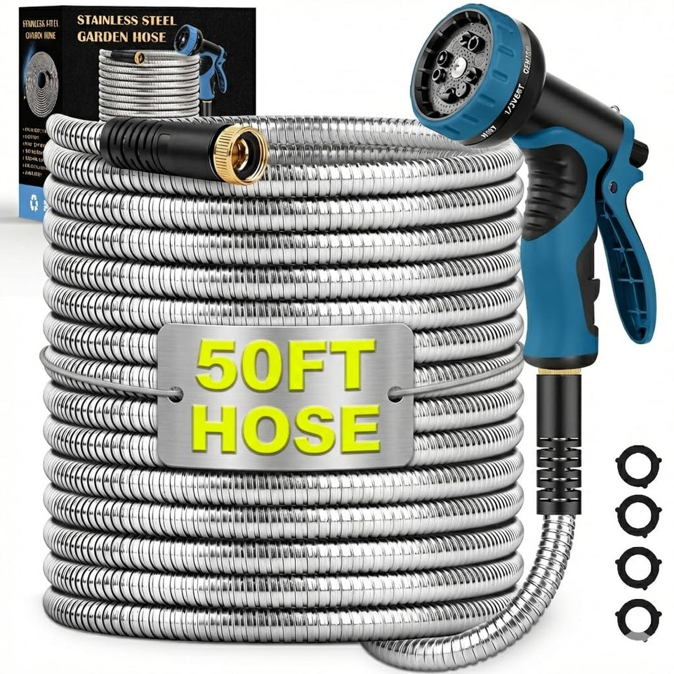LINODI garden hose 50ft with stainless steel core for durable outdoor use.