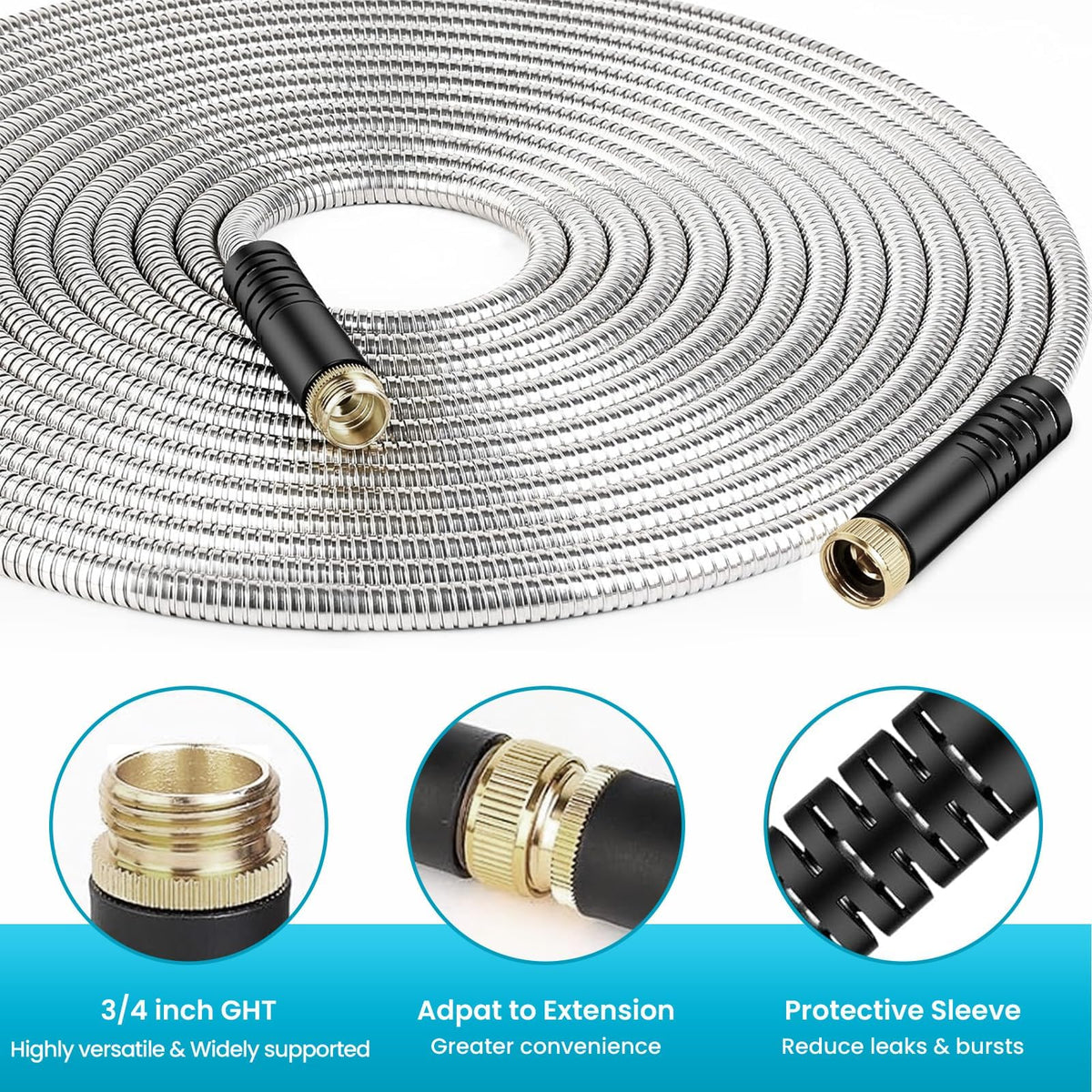 Close-up of LINODI stainless steel braid showing reinforced durability