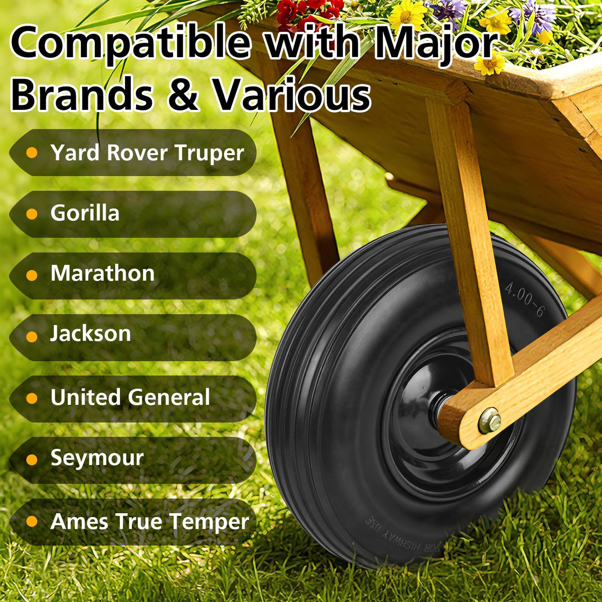 Linpuco puncture-proof foam tire prevents flats during outdoor projects.