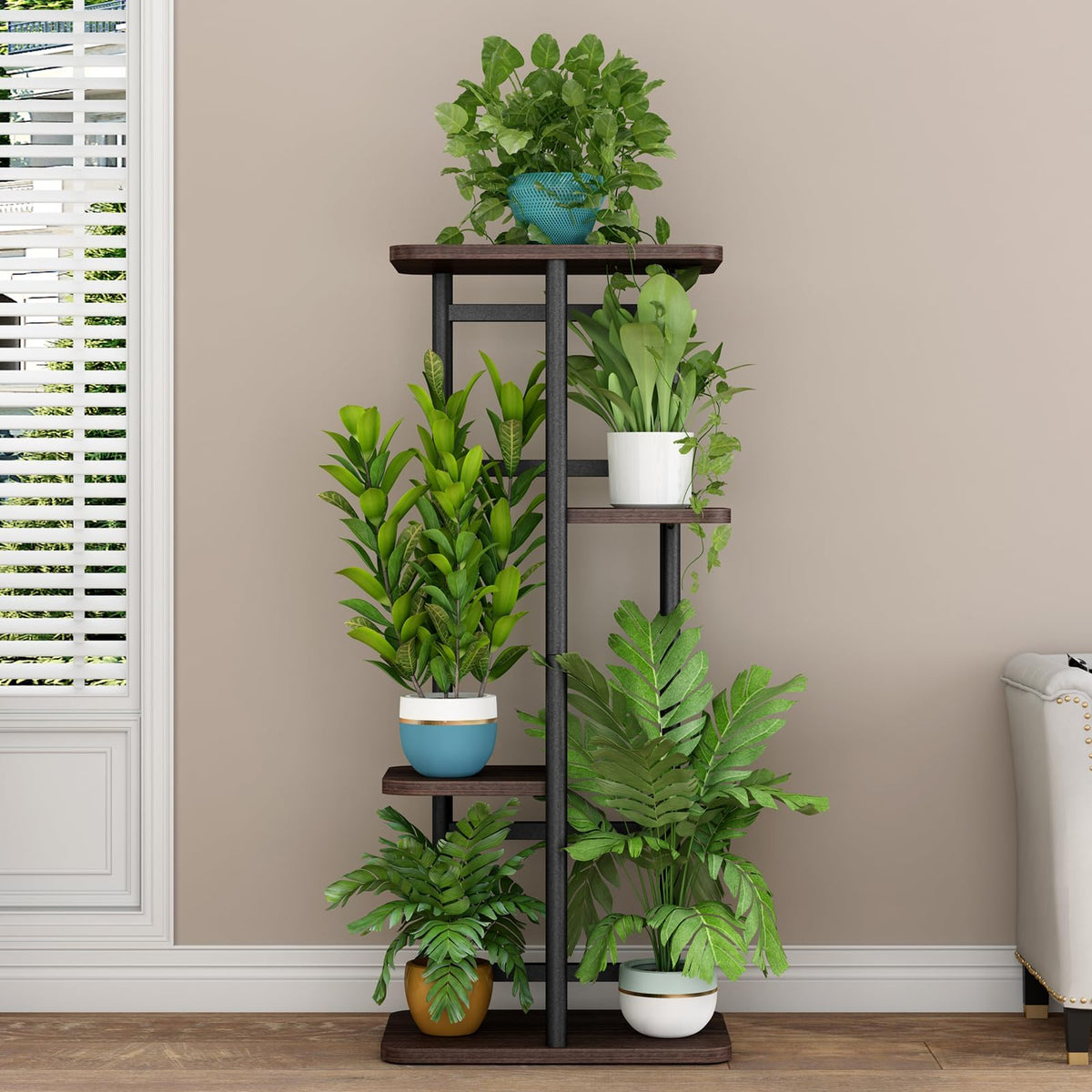 LINZINAR indoor plant shelf helps organize a balcony garden with style.