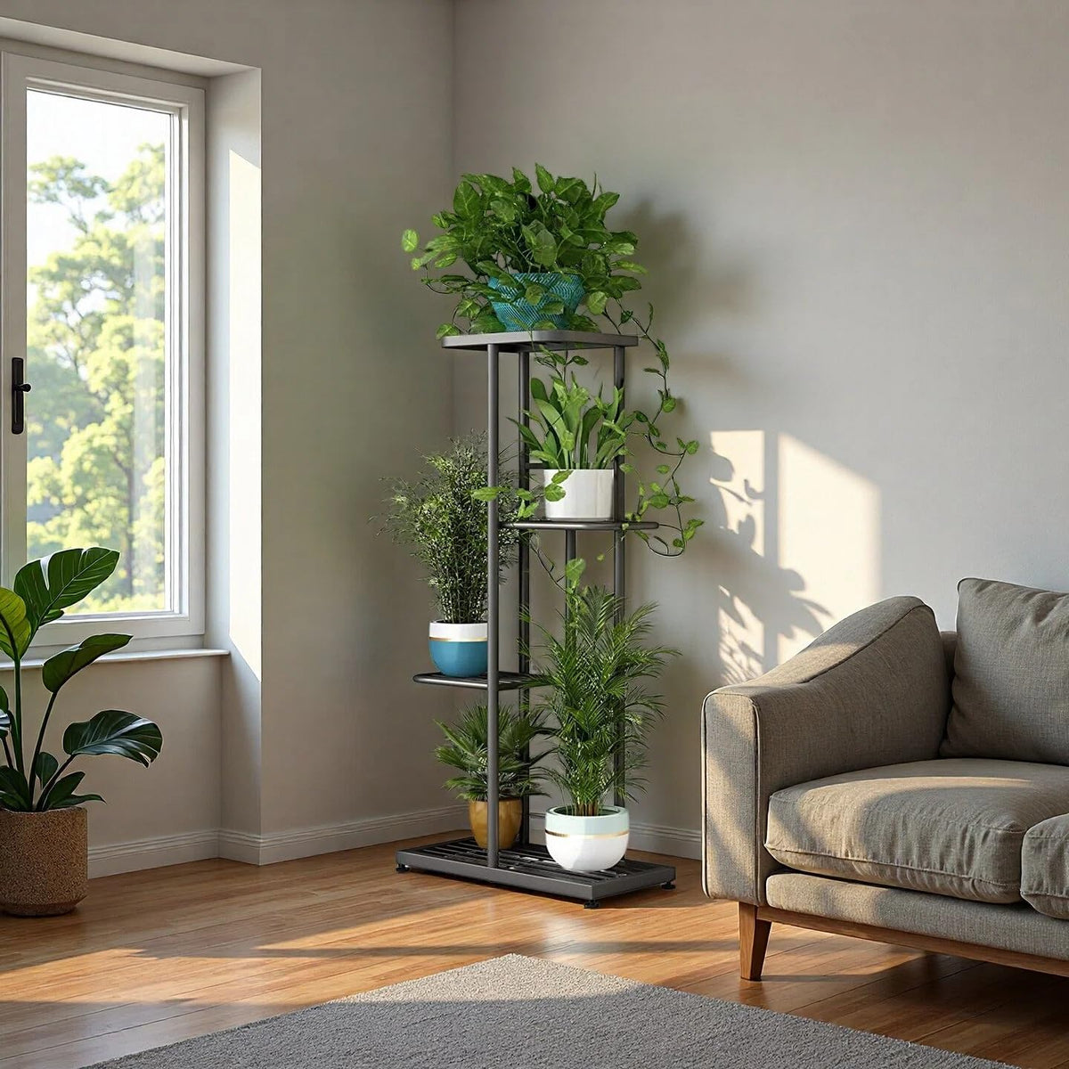 LINZINAR metal plant shelf shown outdoors on a patio for space-saving display