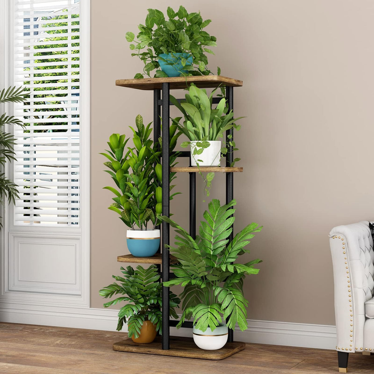 LINZINAR plant stand corner display enhances living room decor with vertical layers.