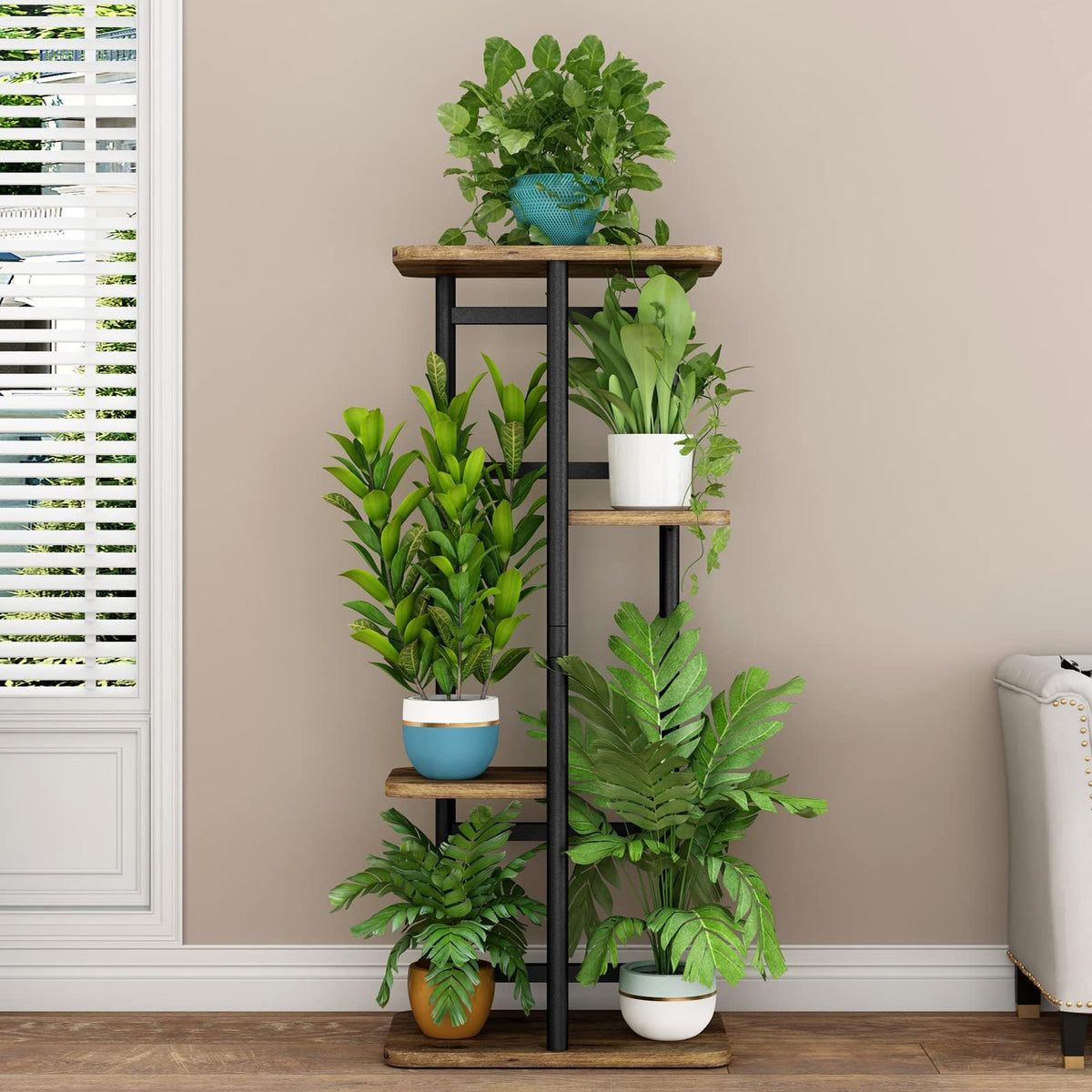 LINZINAR plant stand thickened panel design supports up to five pots with stability.