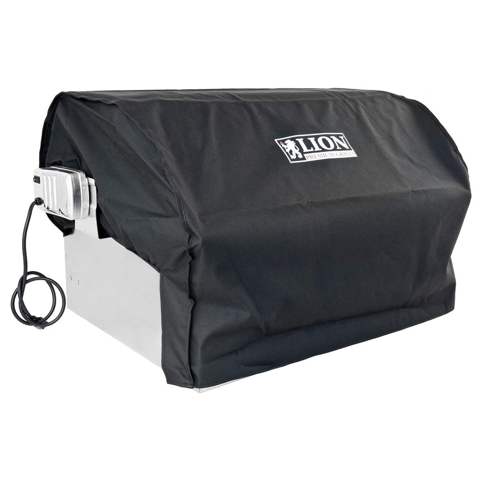 Lion Premium Grills canvas cover over a 32-inch built-in grill protects from weather.