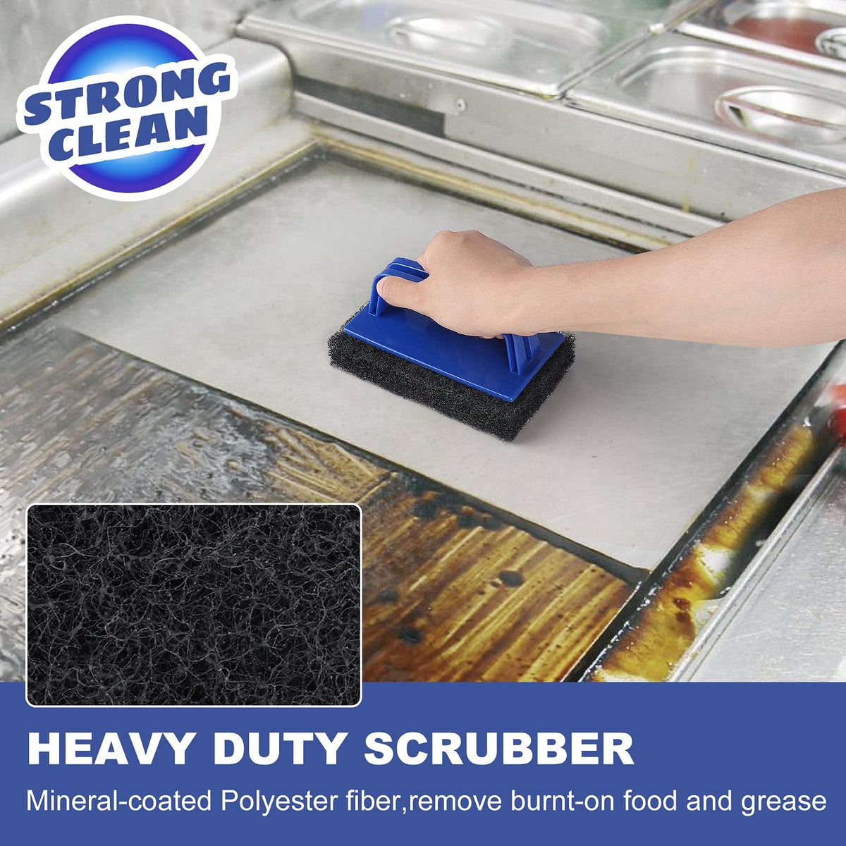 LIOUXUE heavy-duty griddle scrubber removes burnt-on residue on grills