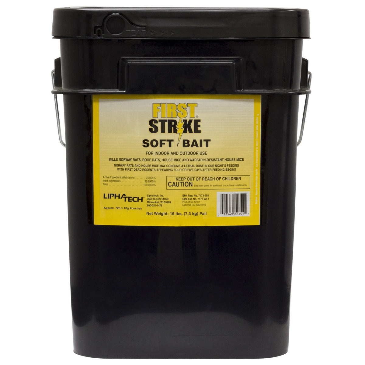 Lipha Tech First Strike soft bait bucket for rodent control in homes.