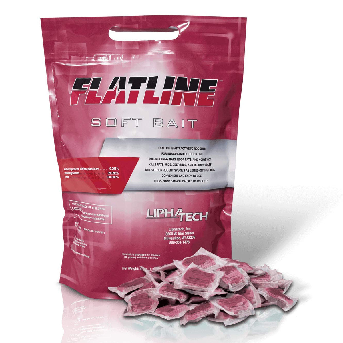 Lipha Tech Flatline Soft Bait packaging shows a palatable formulation for rats and mice for consistent daily use