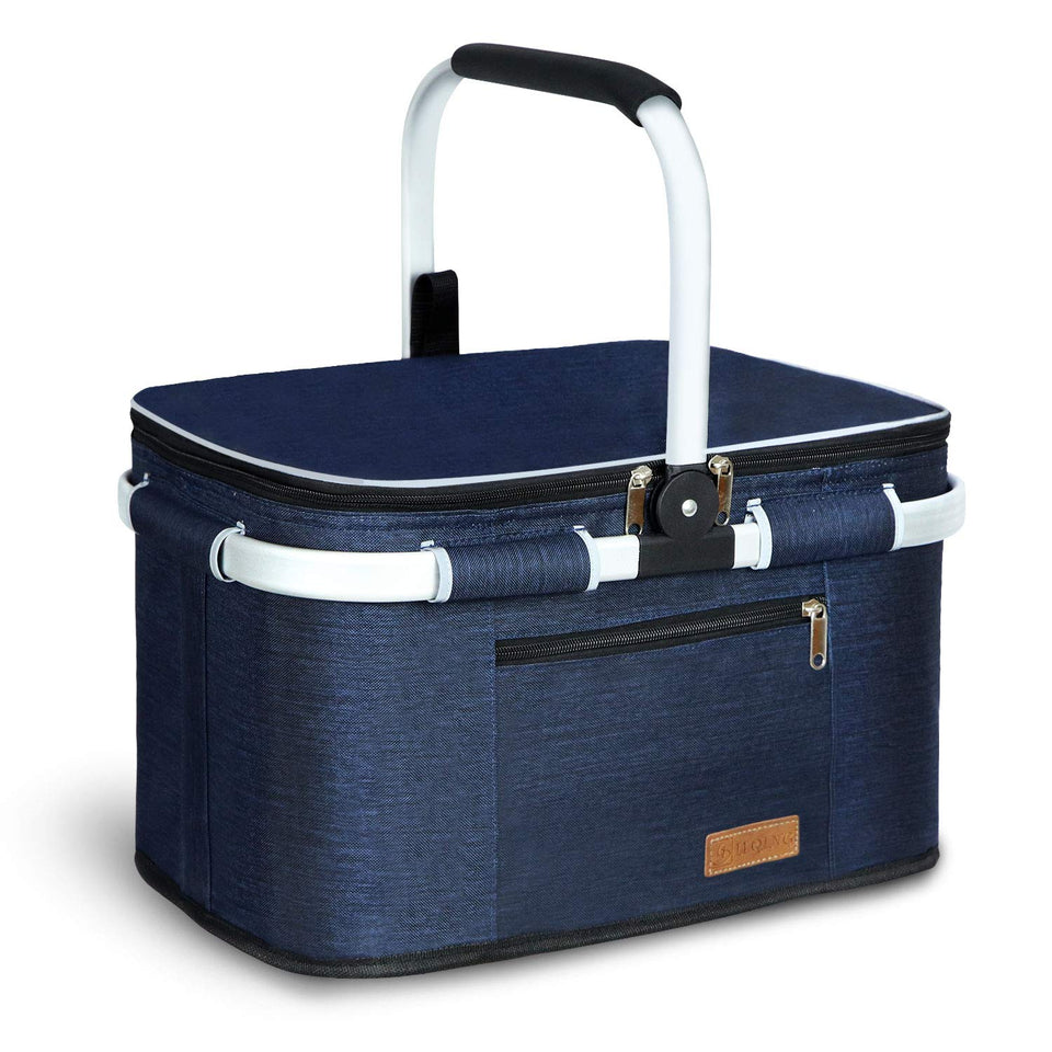 LIQING 35L picnic basket outside stability demonstrates upright placement for easy serving.