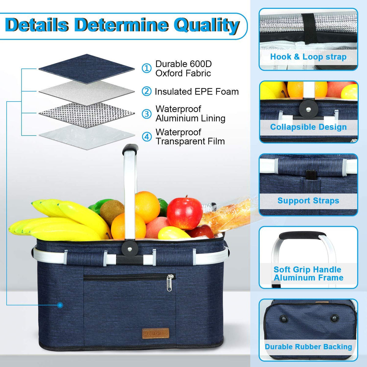 LIQING 35L picnic basket insulated-inner-bag keeps foods fresh during trips.