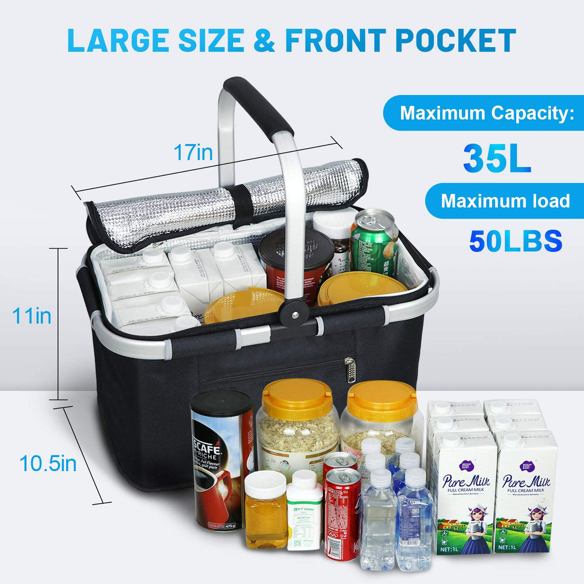 LIQING 35L picnic basket interior pockets organize utensils and snacks.