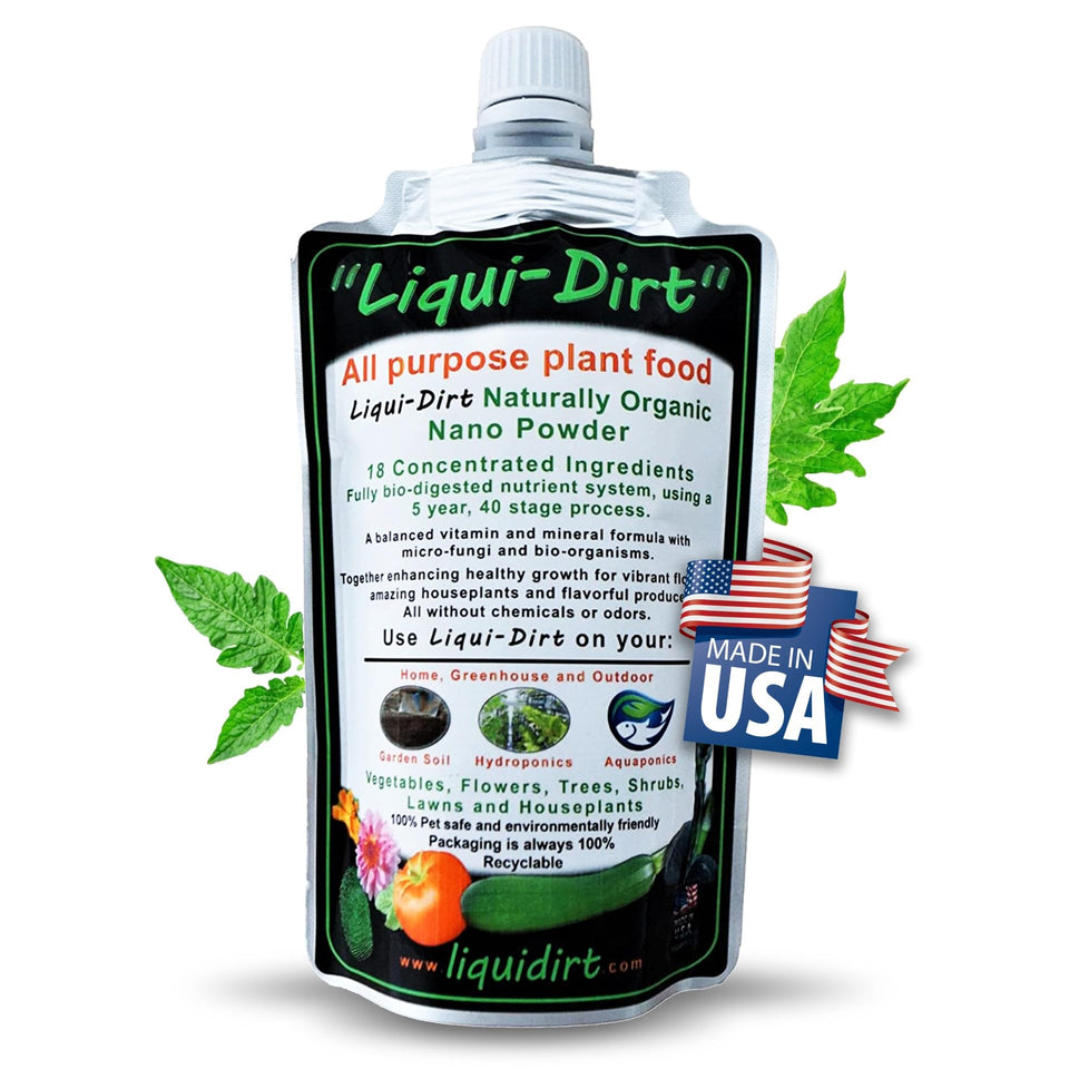 Liqui-Dirt natural fertilizer bottle being poured to support indoor plant growth