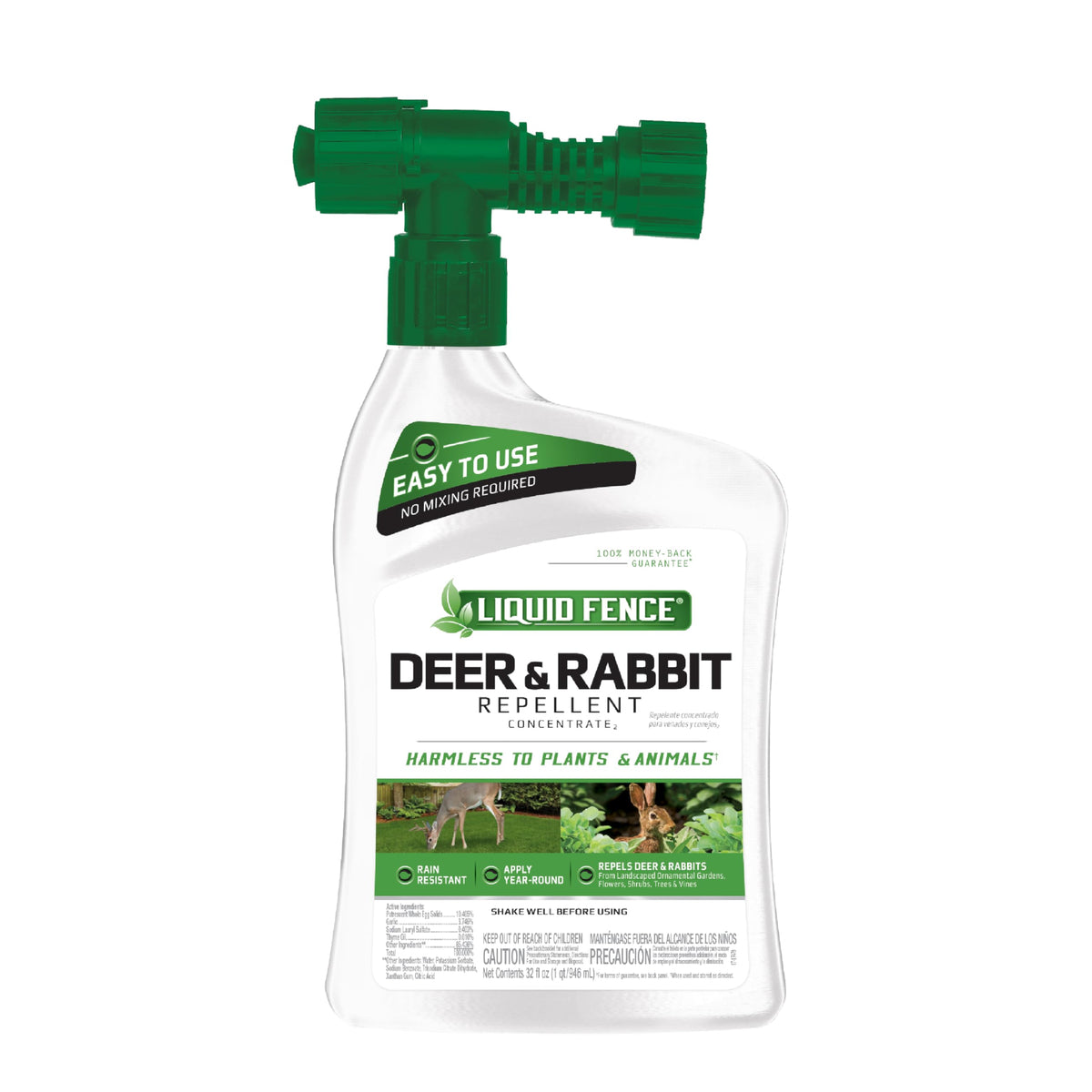Liquid Fence bottle protecting ornamental plants with scent-based deer and rabbit deterrence.