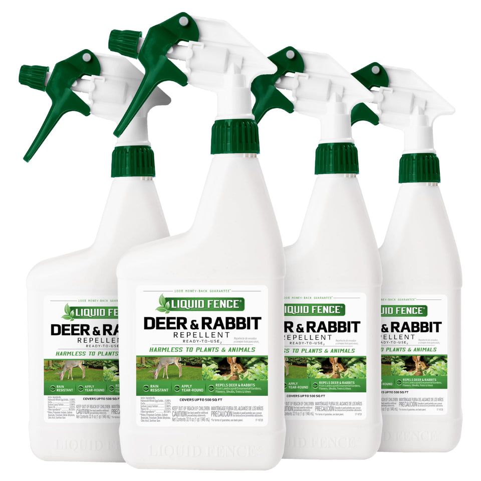 Liquid Fence Deer and Rabbit Repellent bottle protecting shrubs with safe scent deterrent