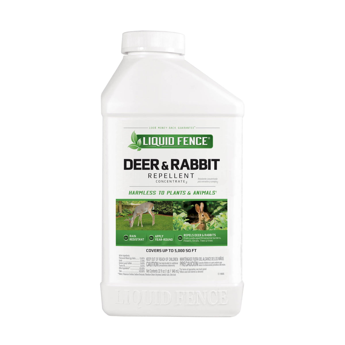 Liquid Fence Deer & Rabbit Repellent Concentrate bottle ready to apply, deterring pests.