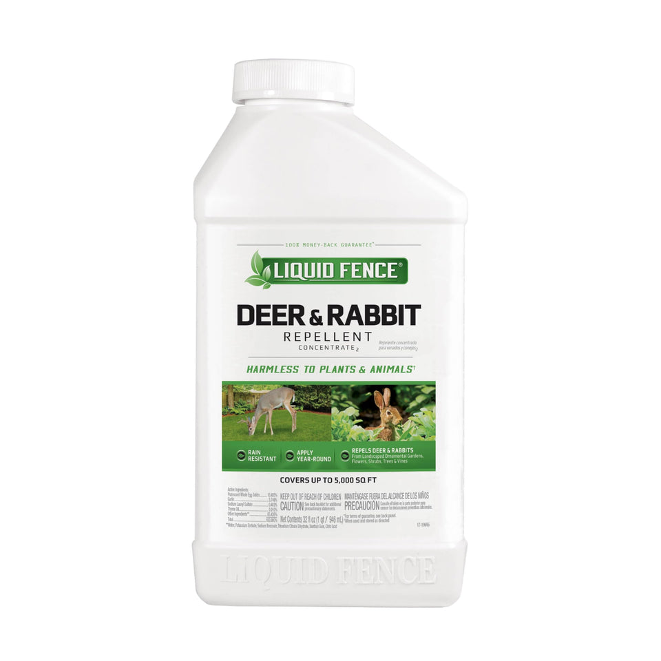 Liquid Fence Deer & Rabbit Repellent Concentrate bottle ready to apply, deterring pests.