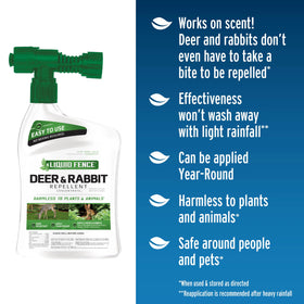 Liquid Fence hose-end sprayer in action repelling deer and rabbits from garden plants.