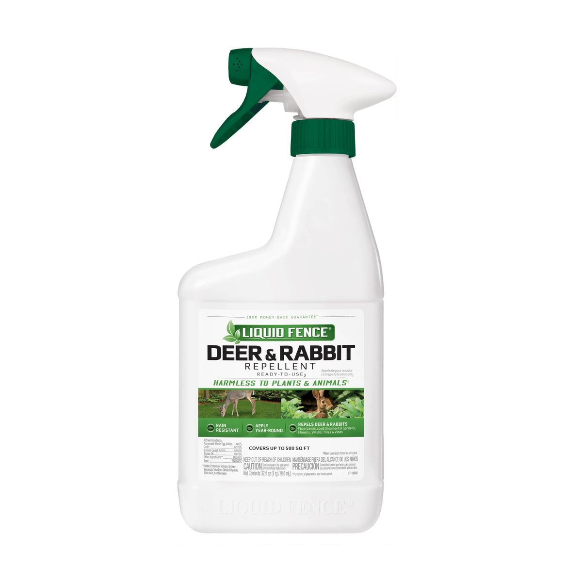 Liquid Fence bottle close-up, ready-to-use protection for garden plants