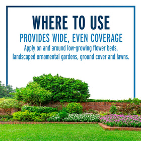 Granules dispersed around low-growing vegetation in a garden