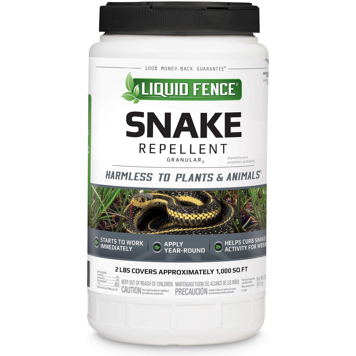Liquid Fence snake repellent granules bottle shown for outdoor use around lawns.