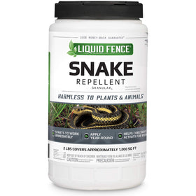 Liquid Fence snake repellent granules bottle shown for outdoor use around lawns.