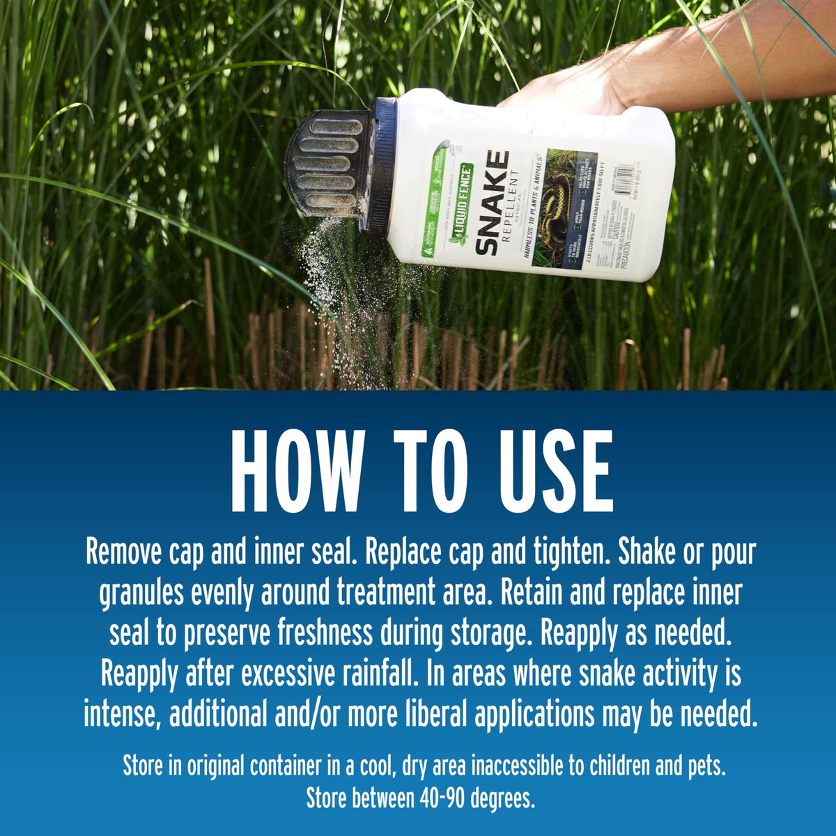 Liquid Fence snake repellent granules safe around kids and pets when stored properly.