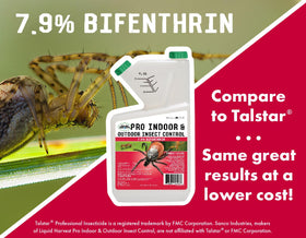Liquid Harvest bifenthrin label close-up showing product details and pest range.
