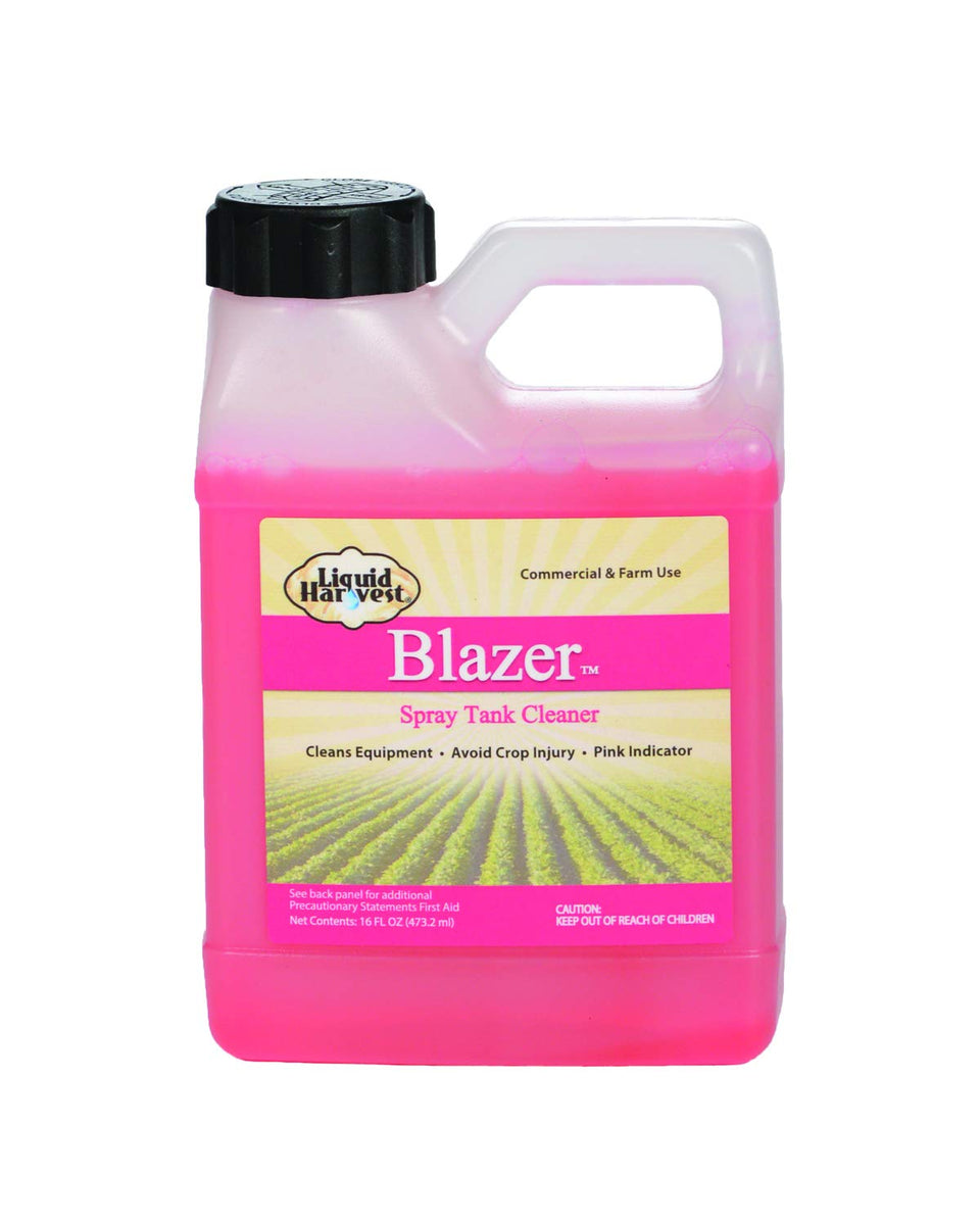 Liquid Harvest Blazer 16oz bottle shown for cleaning sprayer interiors to remove residue safely.