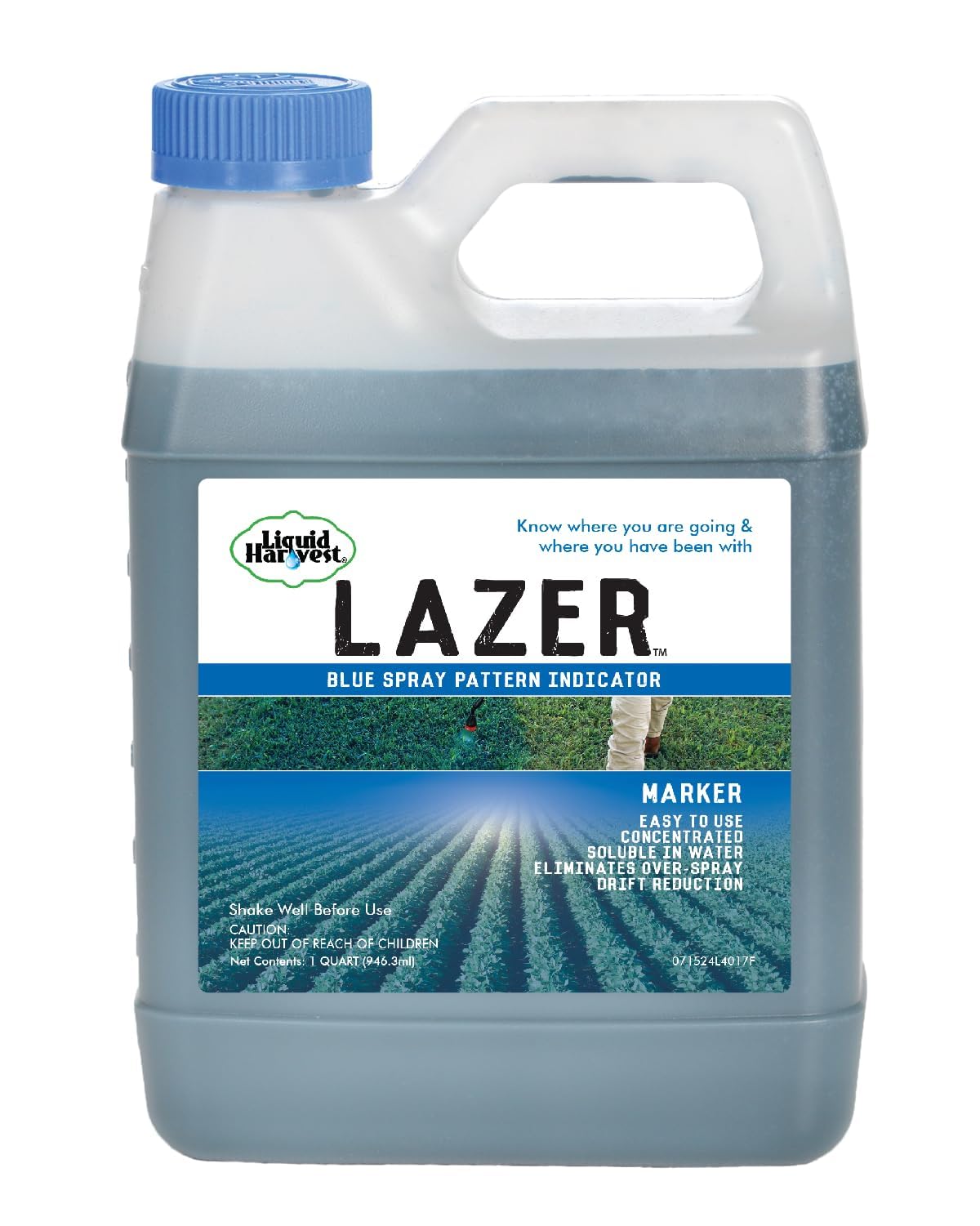 Liquid Harvest Lazer Blue bottle pour demonstrates controlled handling for precise application on lawns.