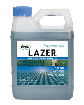 Liquid Harvest Lazer Blue bottle pour demonstrates controlled handling for precise application on lawns.