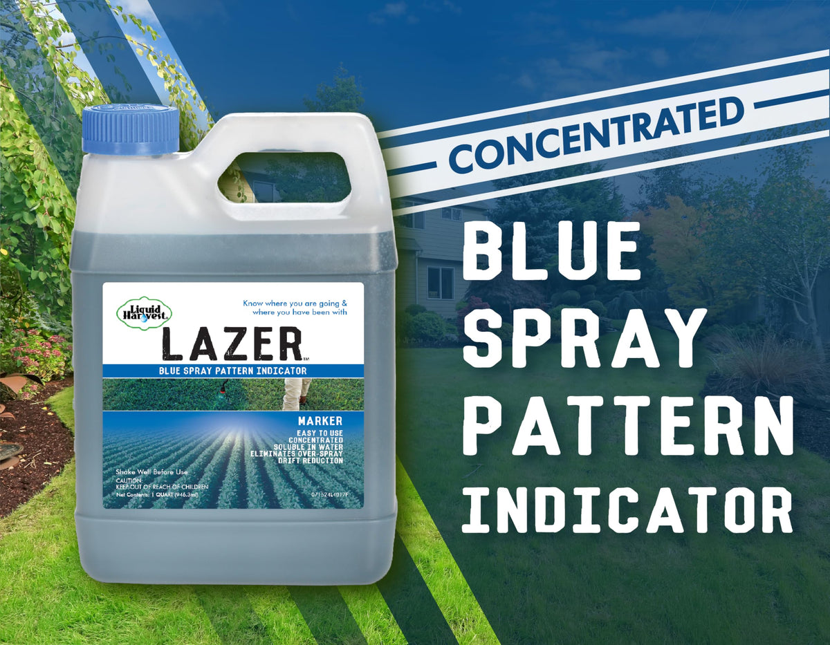 Liquid Harvest Lazer Blue dye application marks turf clearly for accurate treatment areas.
