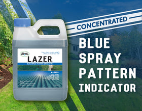 Liquid Harvest Lazer Blue dye application marks turf clearly for accurate treatment areas.
