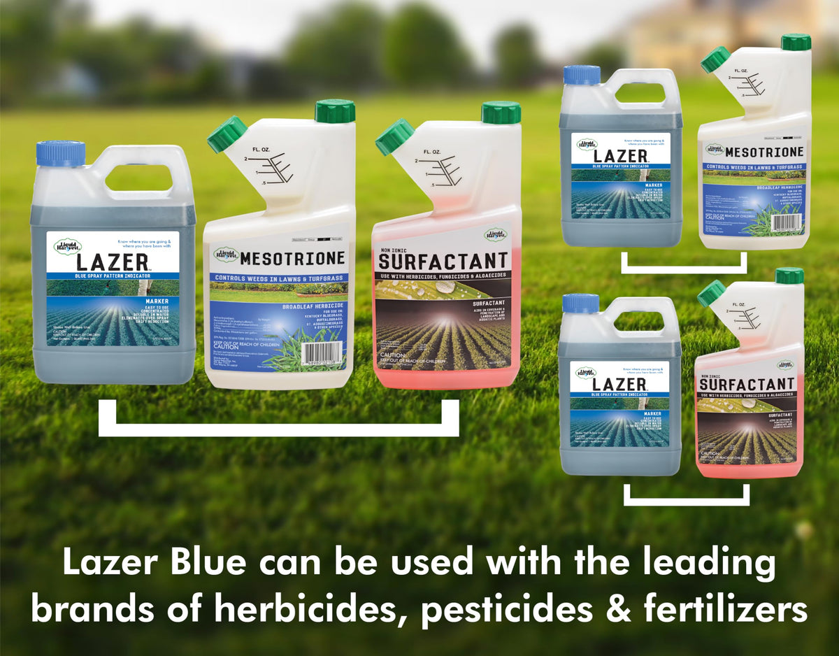 Liquid Harvest Lazer Blue herbicide marker provides temporary spray cues for precision.