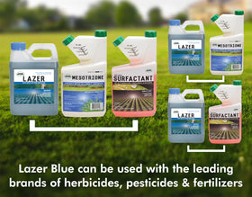 Liquid Harvest Lazer Blue herbicide marker provides temporary spray cues for precision.