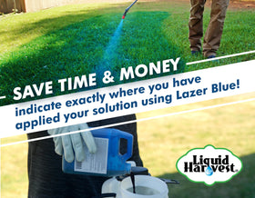 Liquid Harvest Lazer Blue spray indicator shows coverage when diluted with water-based solutions.