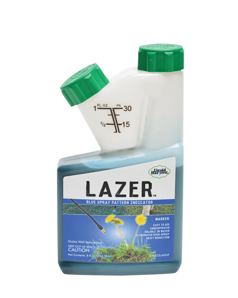 Liquid Harvest Lazer Blue spray-pattern-indicator shows coverage for precise turf treatments