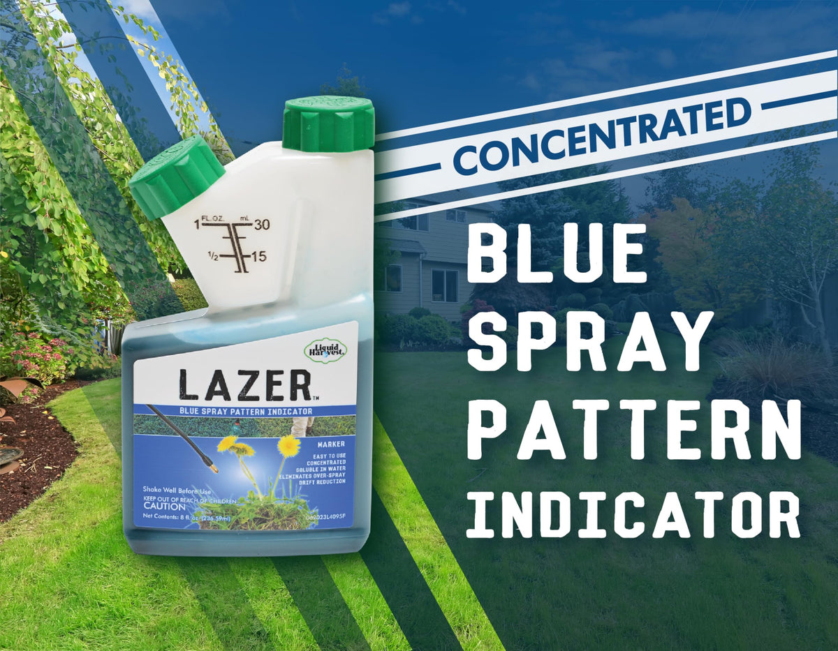 Liquid Harvest Lazer Blue turf-mark aids accurate fertilizer or herbicide placement