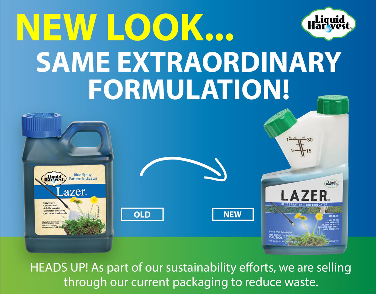Liquid Harvest Lazer Blue weed-dye marks treated areas for easier weed management