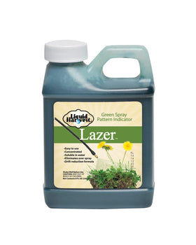 Liquid Harvest Lazer Green spray pattern indicator bottle shows coverage for precise application.