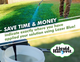 Liquid Harvest Lazer Green visible marker on turf for spray planning.