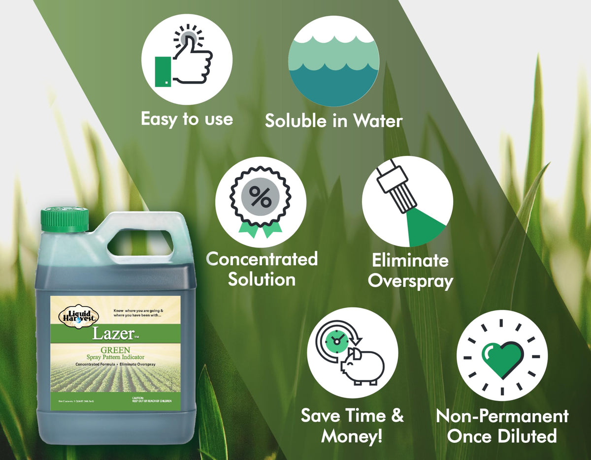 Liquid Harvest Lazer Green dye mixes with water-based solutions for marking.