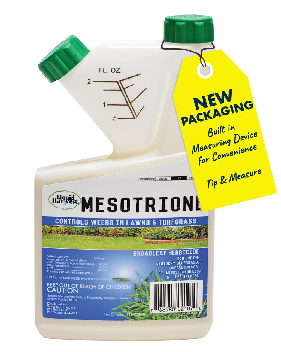 Liquid Harvest Mesotrione 16oz bottle front view for lawn weed control.