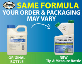 Liquid Harvest Mesotrione bottle label detail showing usage and safety notes for lawns.