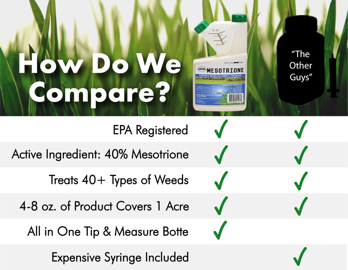 Liquid Harvest Mesotrione bottle pours evenly for precise lawn application and weed control.