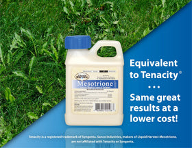 Liquid Harvest Mesotrione bottle front view for easy lawn treatment.